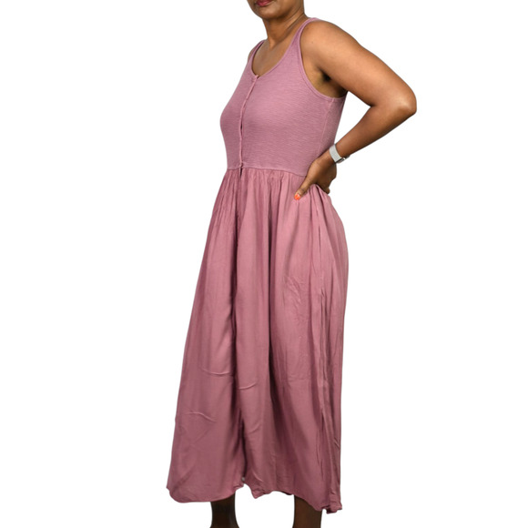 Frye Easy Button Front Dress Pink Mauve Tank Jersey Knit Pockets Rayon Medium - Picture 6 of 15